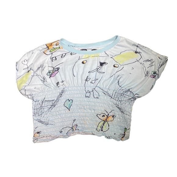 Urban Outfitters Womens Blue Crew Neck Ruched Waist Printed Cropped Top Sz Large - Picture 6 of 11